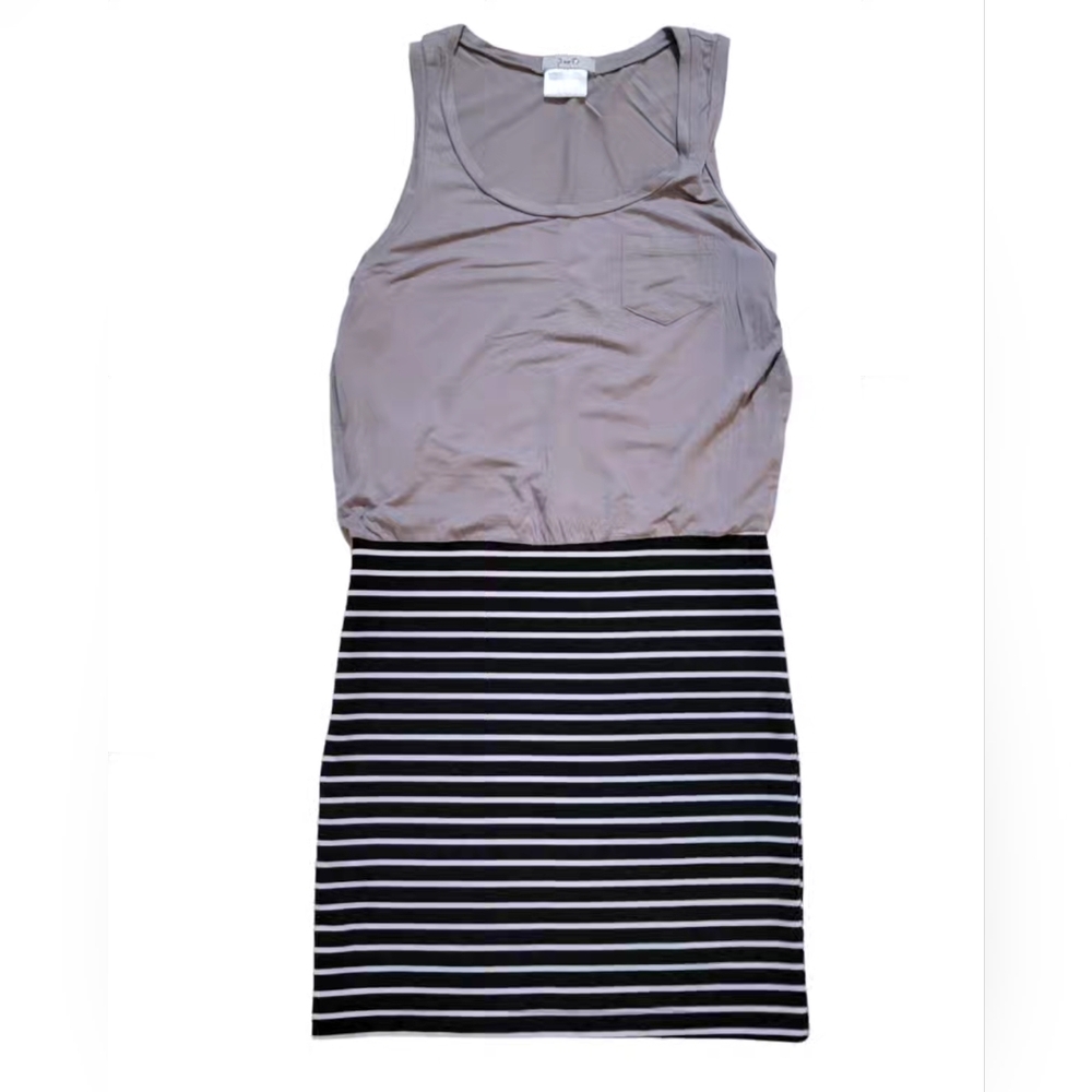 S/M Gray Black White Striped Stretch Bodycon Tank Dress w/ Mini Pocket